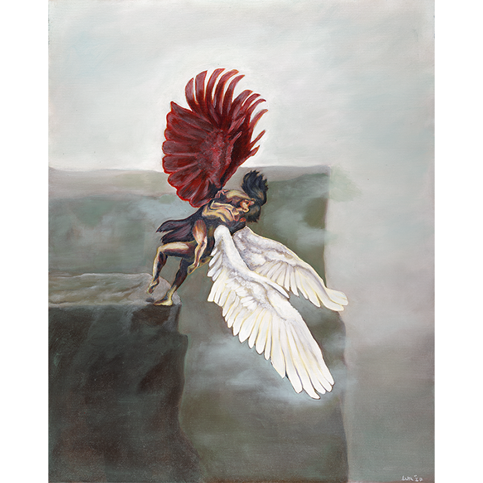 Pop Surrealist Oil on Canvas Painting of an Angel and a Demon in an ebmrace. Are they falling or rising?