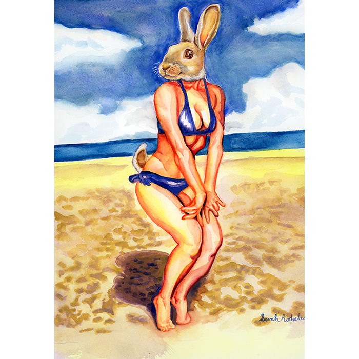 A Pop Surrealist watercolor Painting of a Bunny Headed Woman. This is a homage to Betty Page A 50's and 60's pinup star