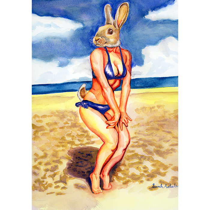 A Fantasy Art watercolor Painting of a Bunny Headed Woman. This is a homage to Betty Page A 50's and 60's pinup star