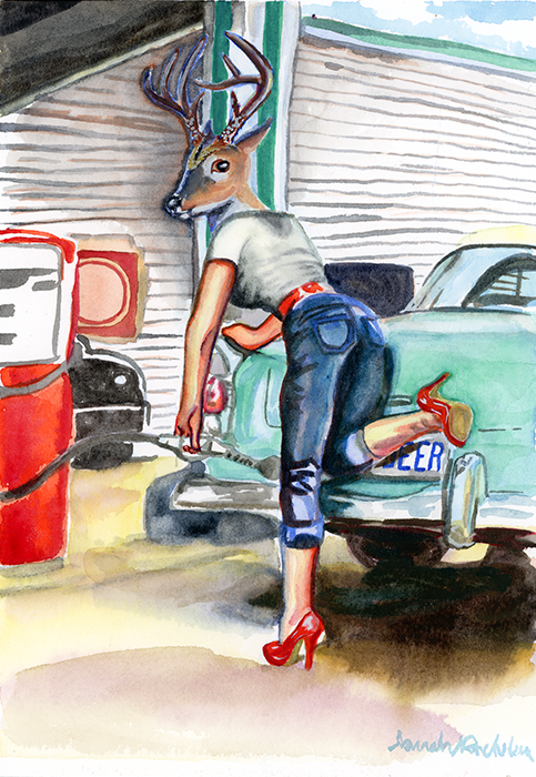 Fantasy Art watercolor of a deer headed woman filling her car with gas. An homage to the pinup art of the 50's and 60's 