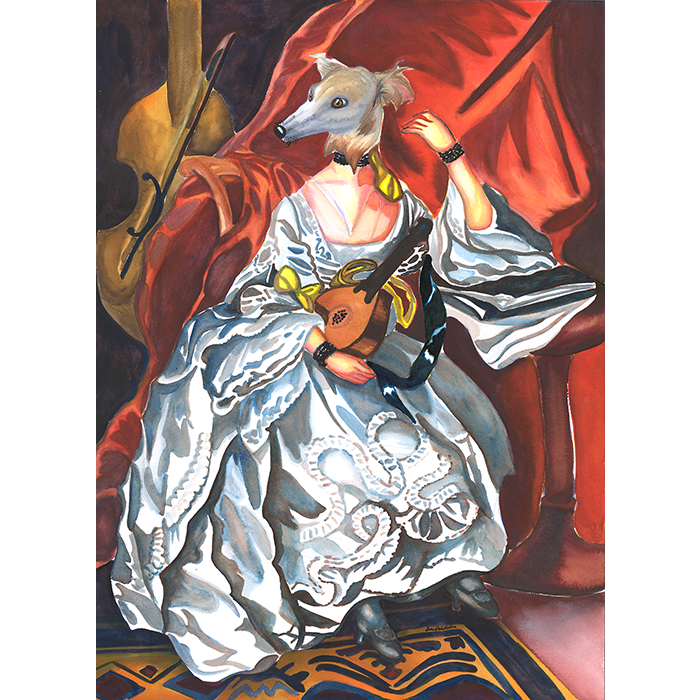 A Fantasy Art watercolor of a Dog headed Woman wearing aVictorian dress