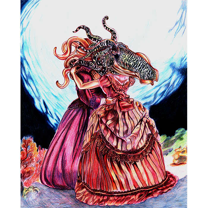 A Fantasy Art Oil on Canvas of two Cuttlefish headed humans embracing