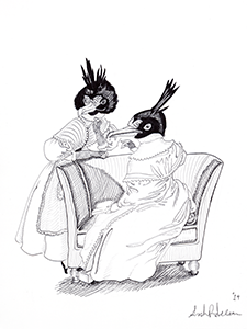 Anthropomorphic illustration of 2 bird headed women talking