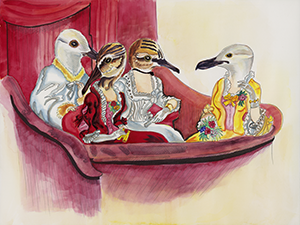 Painting of a Bird headed couple sitting in a box seat