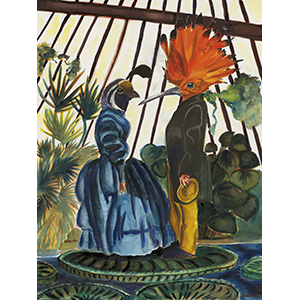 Painting of a Bird headed couple in a cage