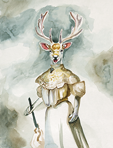 Painting of a Deer headed woman in an Edwardian Dress