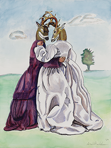 Painting of a Deer headed woman in the embrace of another