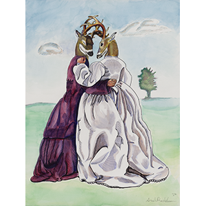 Painting of a Deer headed woman in the embrace of another