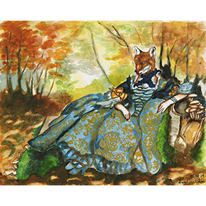 Painting of a fox headed woman who ia foxy 