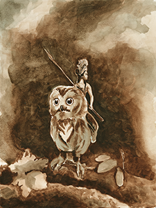 Painting of Regina riding an owl