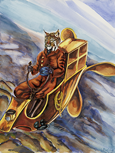 Painting of the a Bobcat on his space scooter