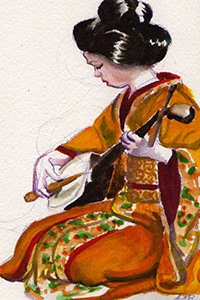 Painting of a Japanese Woman playing a string instrument