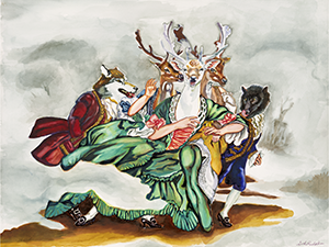 Painting of a Deer headed woman in the company of Wolves