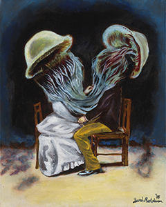 Painting of a jellyfish headed couple. An Interpretation of long distance love affairs
