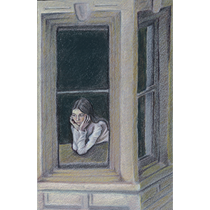 Black and white Illustration of a young woman looking out the window