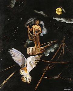 Painting of a man in a boat casting a net to catch an owl
