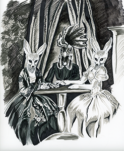 Fantasy Art Painting titled Foxes In The Hen House.  Click on the image to see a full frame image and a more extensive description