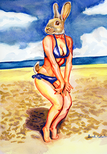 Fantasy Art Painting titled Beach  Bunny.  Click on the image to see a full frame image and a more extensive description