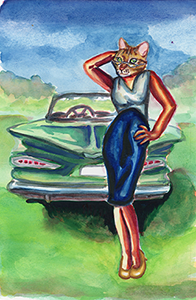 Fantasy Art Painting titled HotRod Impala Cat's Eyes.  Click on the image to see a full frame image and a more extensive description