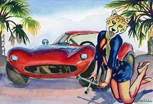 Fantasy Art Painting titled Hotrod Chheetah.  Click on the image to see a full frame image and a more extensive description