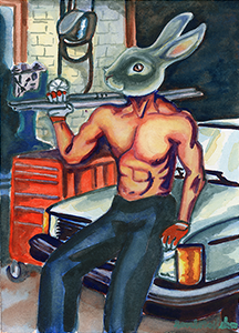 Fantasy Art Painting titled Hotrod Rabbit.  Click on the image to see a full frame image and a more extensive description