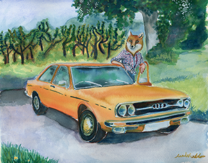 Fantasy Art Painting titled Hotrod Fox.  Click on the image to see a full frame image and a more extensive description