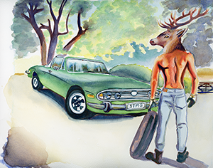 Fantasy Art Painting titled HotRod Stag.  Click on the image to see a full frame image and a more extensive description