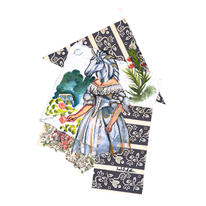 A mixed media Collage of an Anthropomorphicc Unicorn Headed woman wearing a Victorian dress bh Sarah Rocheleau