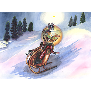 Painting of Aiui Fantsay antropormorfic person on a sleigh Click on the image to see a full frame image and a more extensive description